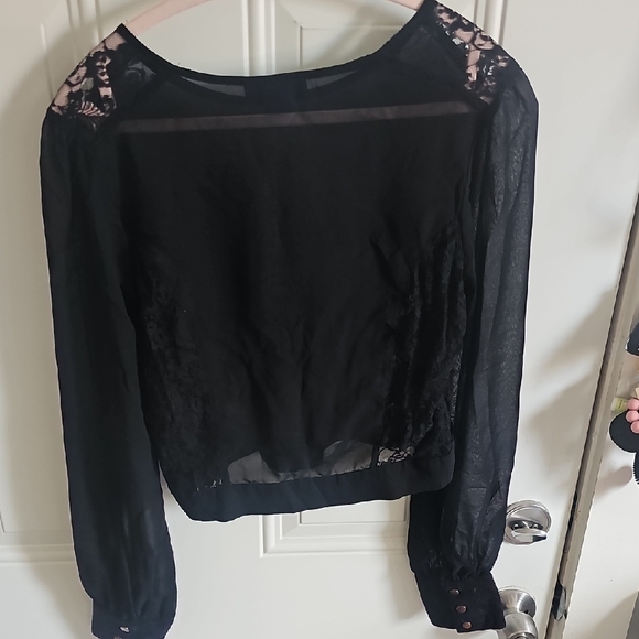Black Lace-Yoke Long Sleeve Sheer Blouse - Picture 8 of 9